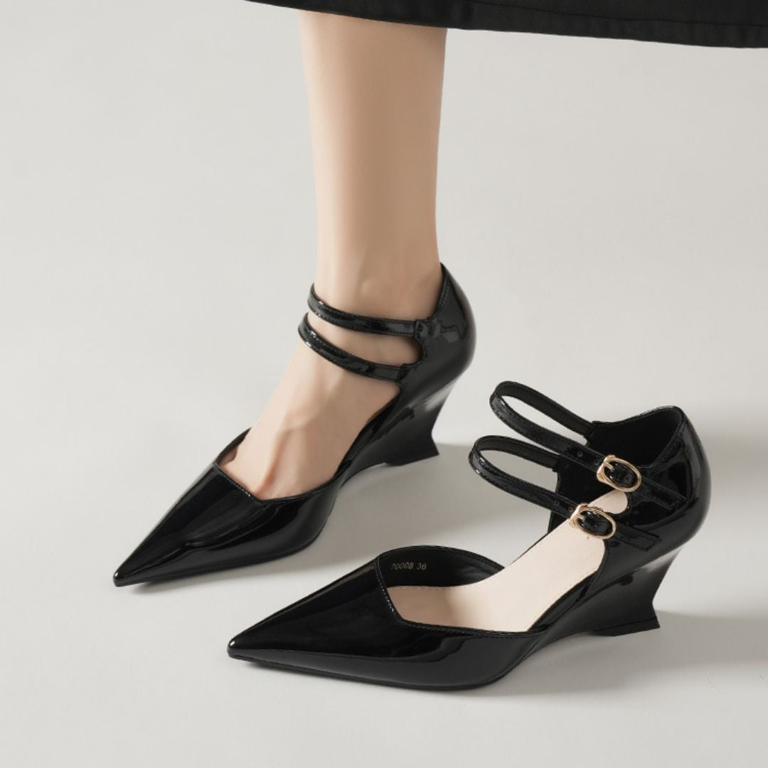 Vectora Strap — Black Wedge Office & Casual Heels | Ozzaro