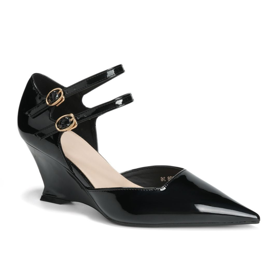 Vectora Strap — Black Wedge Office & Casual Heels | Ozzaro