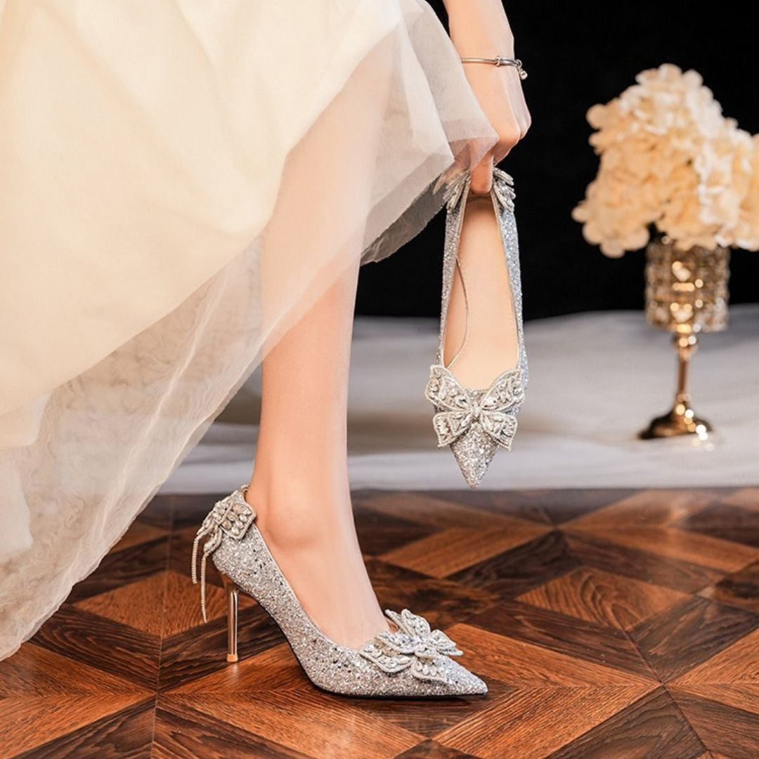 Silver glitter Bridal heels with embellished Butterflies 