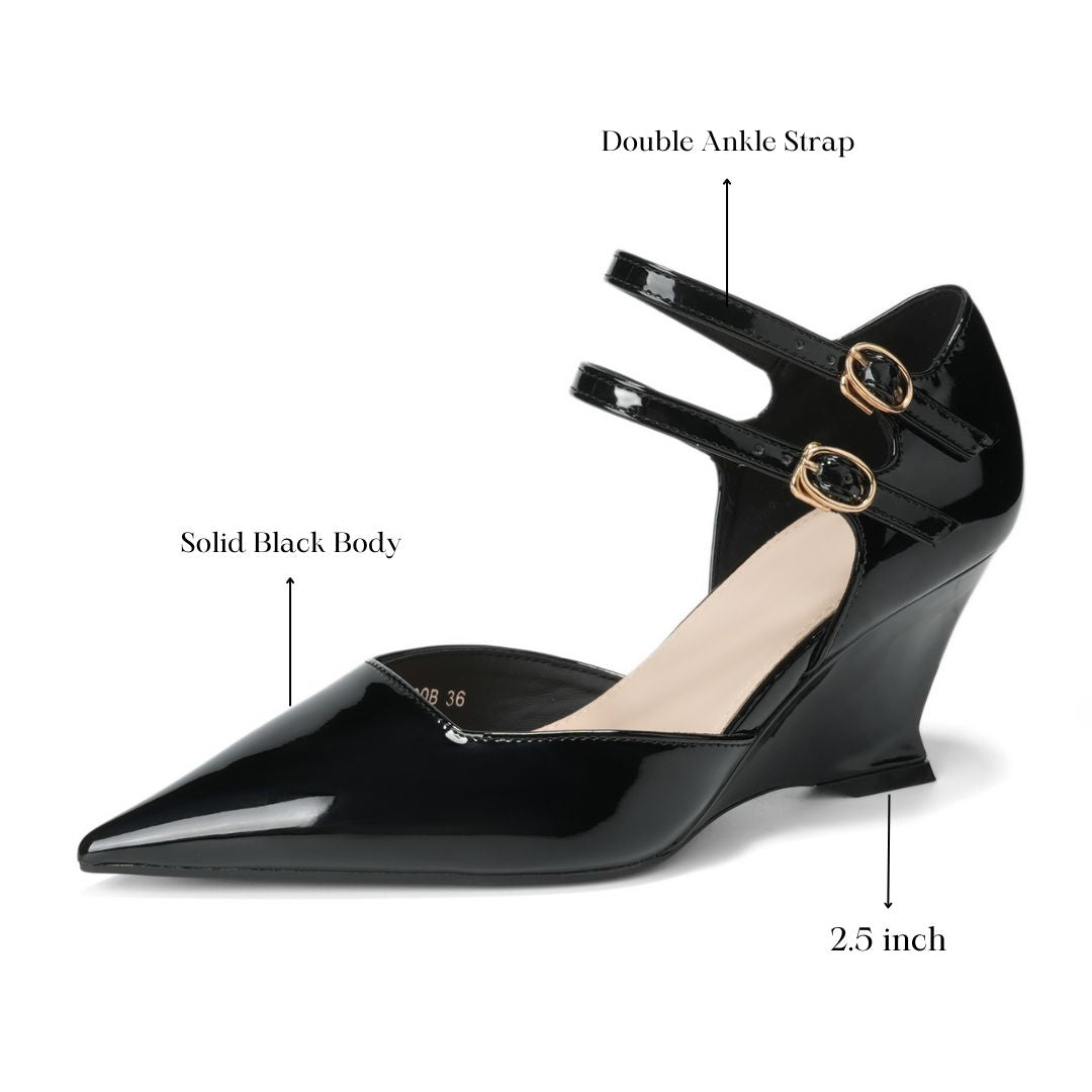 Vectora Strap — Black Wedge Office & Casual Heels | Ozzaro