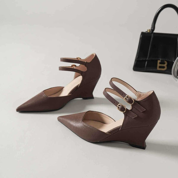 Vectora Strap brown wedge heels with double ankle strap - front view