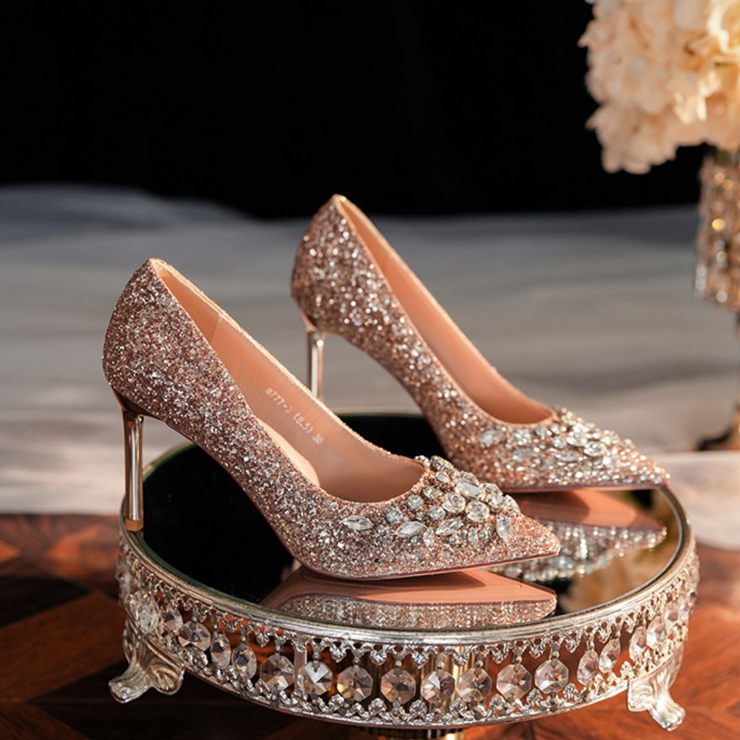 Maharani rose gold shimmer bridal stiletto heels with stone toe - front view