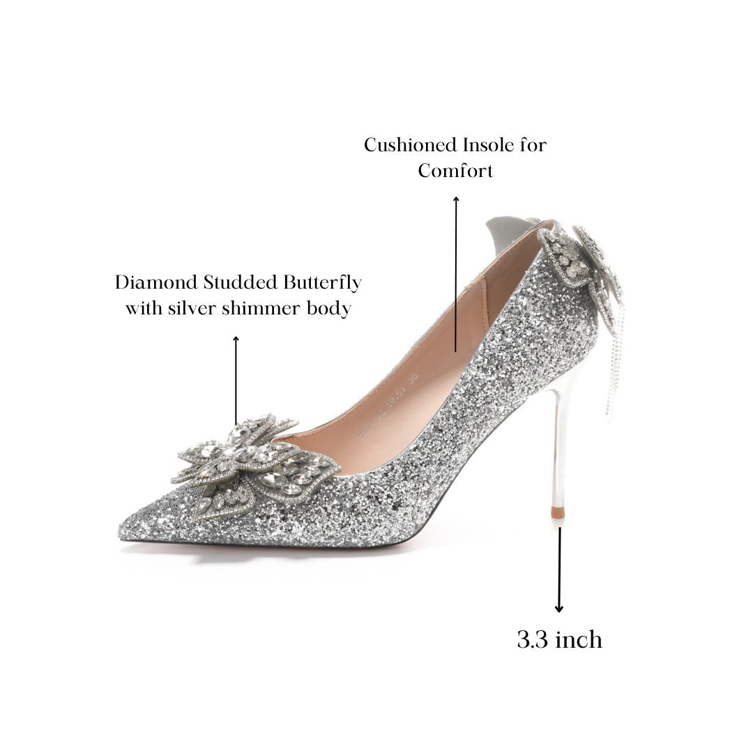 Filmi Flash(Silver) — Crystal Glitter Stiletto Heels | Ozzaro