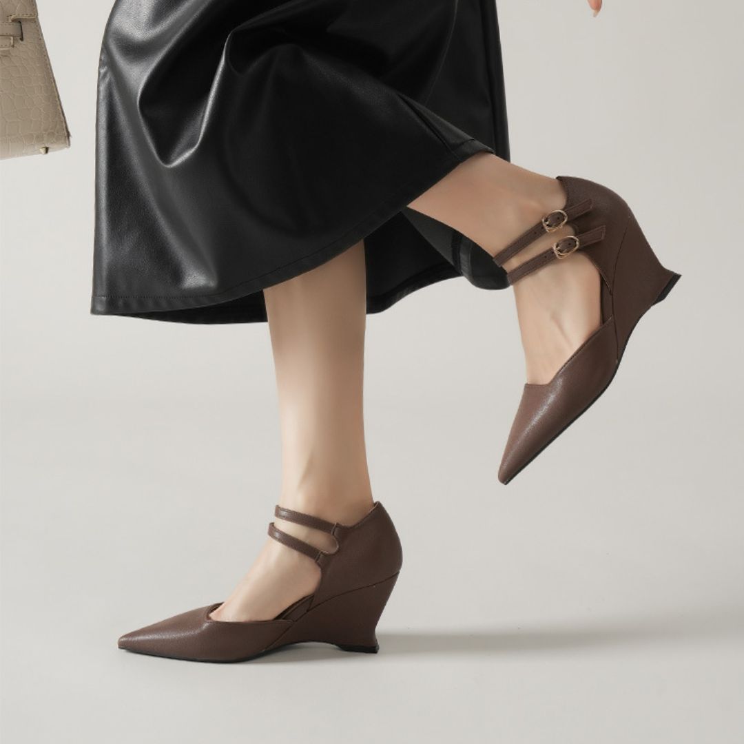 Vectora Strap brown wedge heels styled for office wear