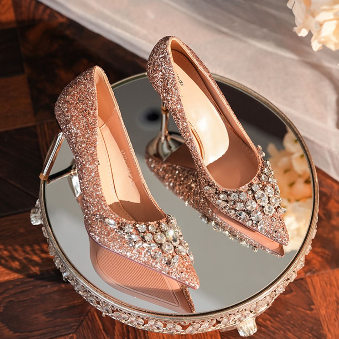 Maharani rose gold bridal stiletto heels - side profile