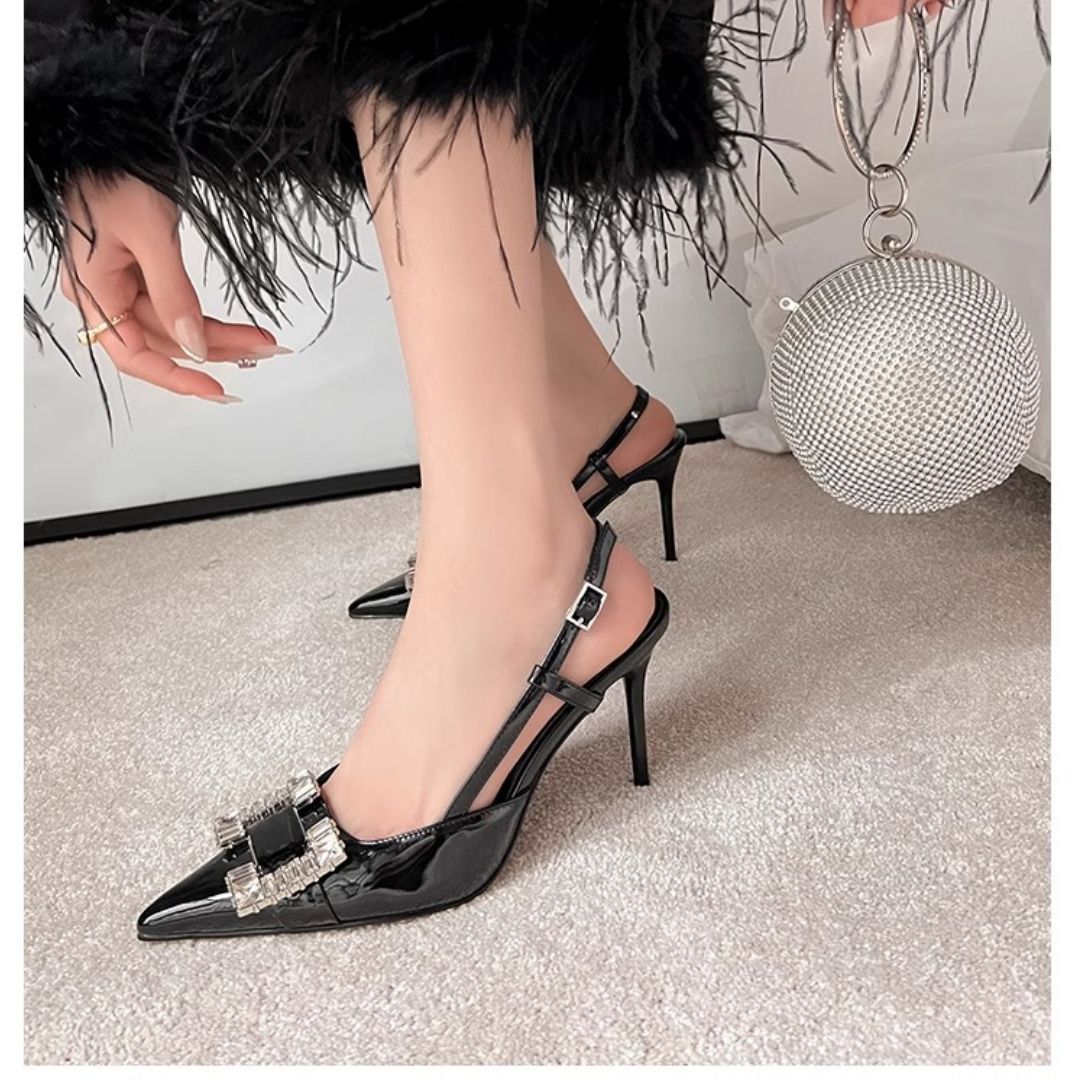 Black high-party heel with crystal buckles 