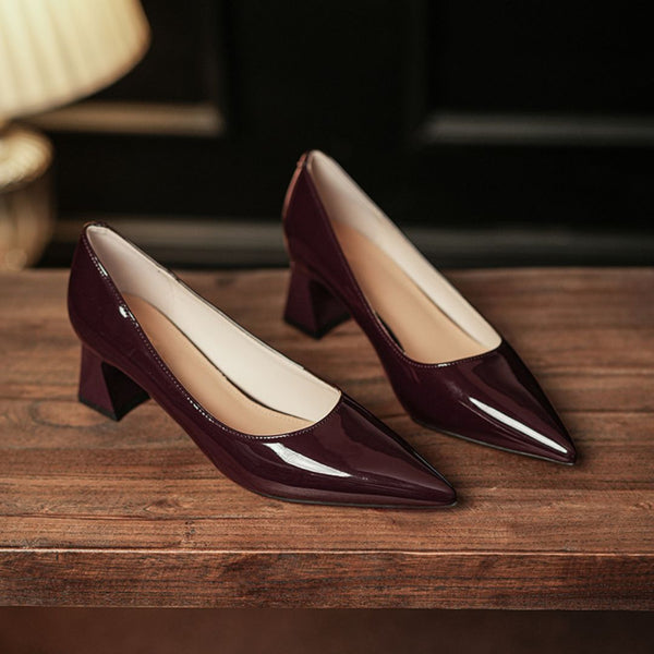 Malkin wine-brown patent pointed-toe block heels - front view