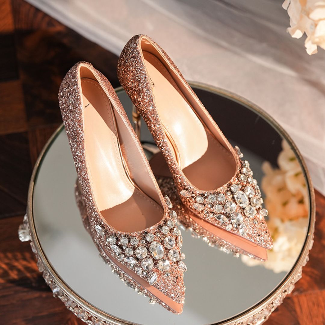 Maharani rose gold heels stone-studded toe detail