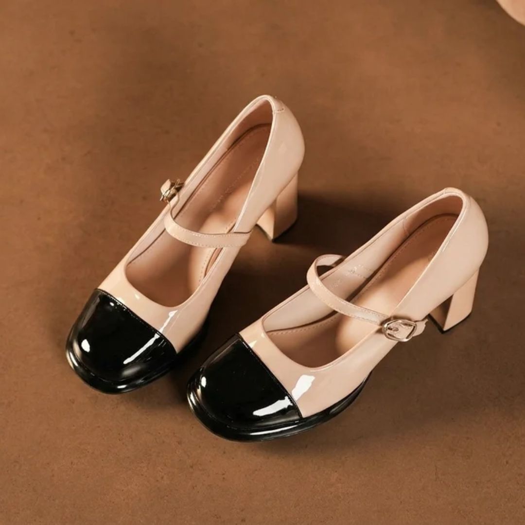 Twin Fit — Nude & Black Dual-Tone Round-Toe Block Office & Casual Heels | Ozzaro