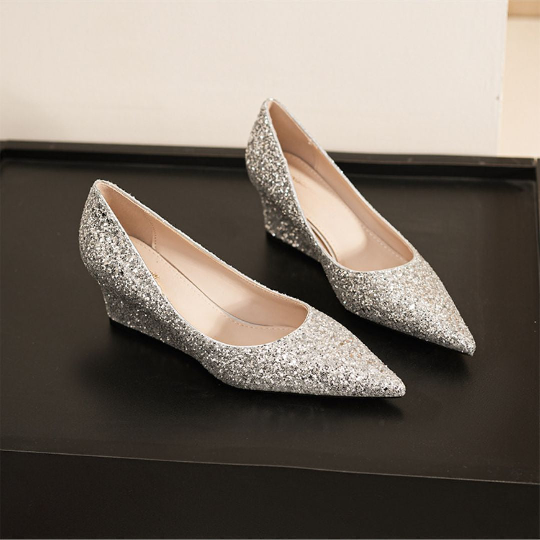 Shubh silver shimmer bridal wedge heels - front view