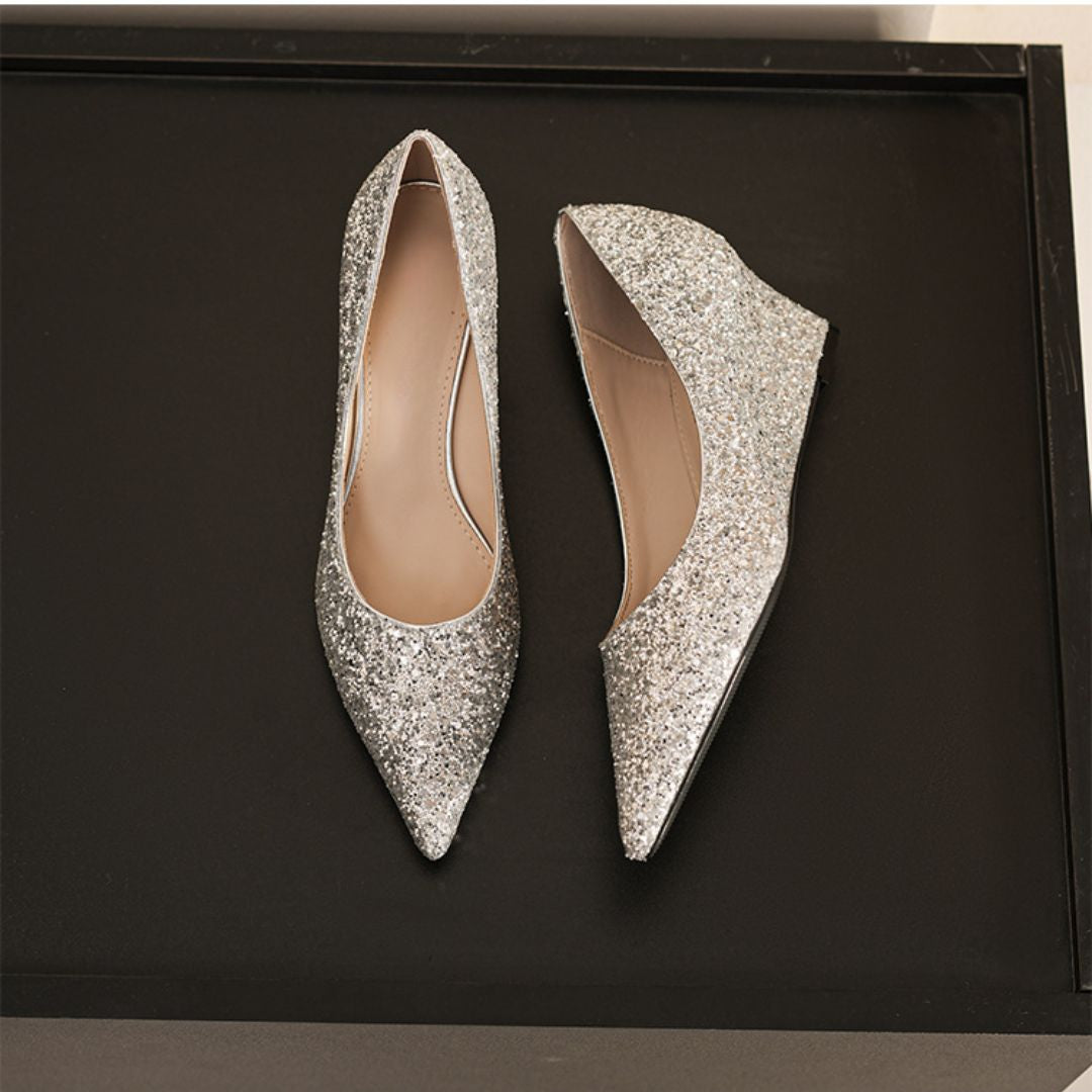 Shubh silver wedge bridal heels - side profile
