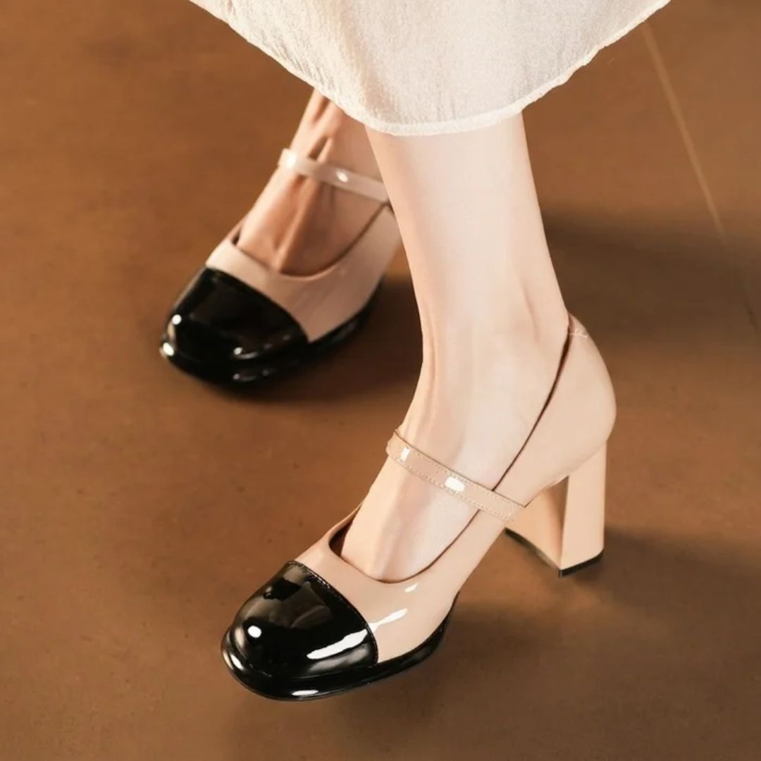 Twin Fit — Nude & Black Dual-Tone Round-Toe Block Office & Casual Heels | Ozzaro