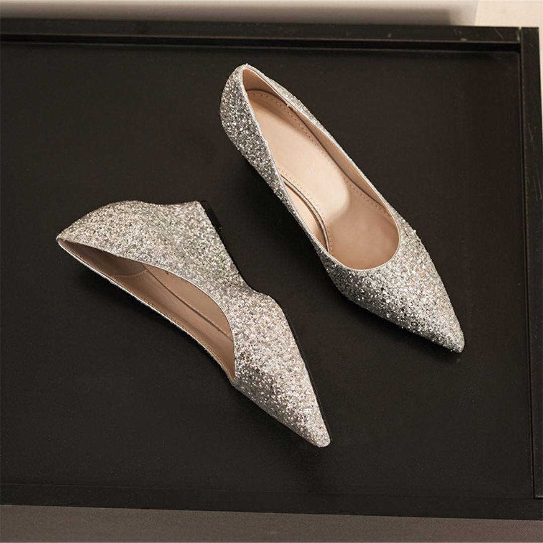 Shubh silver heels pointed toe shimmer detail