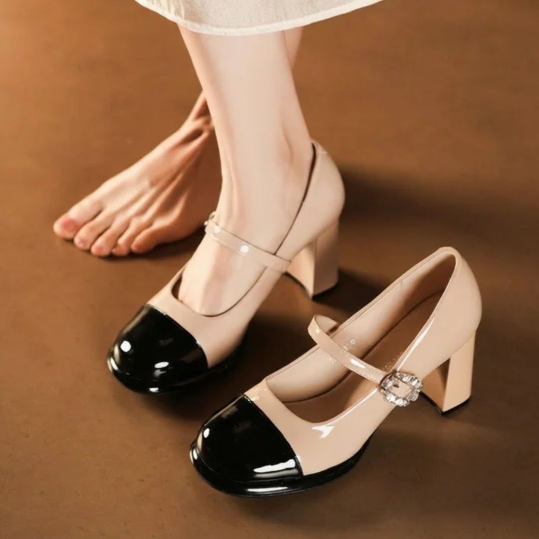 Twin Fit — Nude & Black Dual-Tone Round-Toe Block Office & Casual Heels | Ozzaro