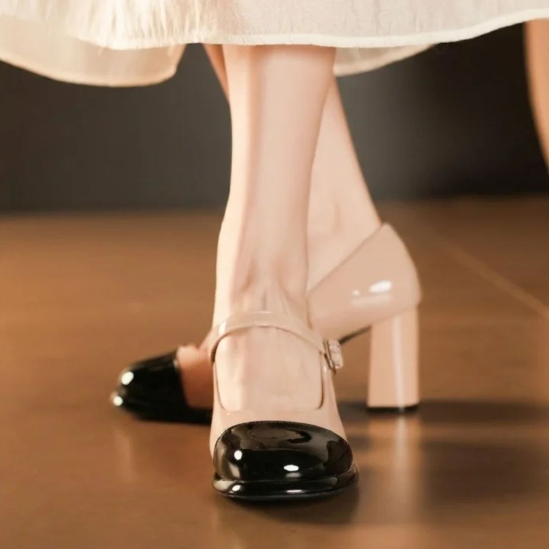 Twin Fit — Nude & Black Dual-Tone Round-Toe Block Office & Casual Heels | Ozzaro