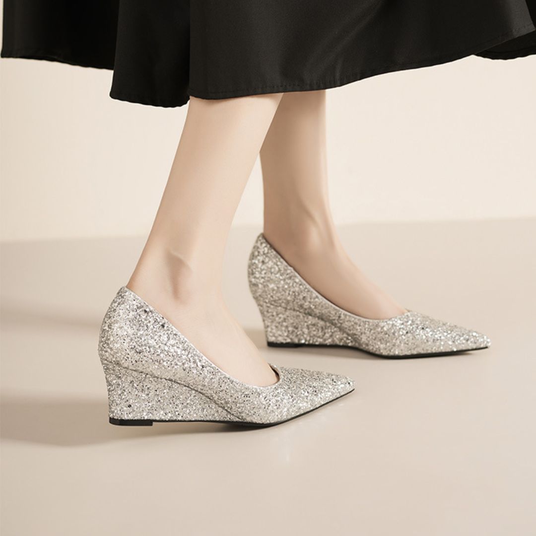 Shubh silver wedge heel height and sole view