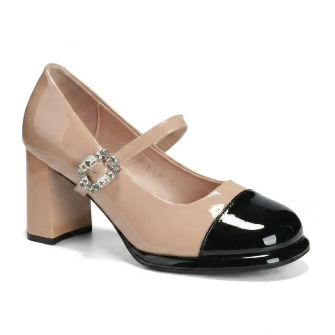 Twin Fit — Nude & Black Dual-Tone Round-Toe Block Office & Casual Heels | Ozzaro
