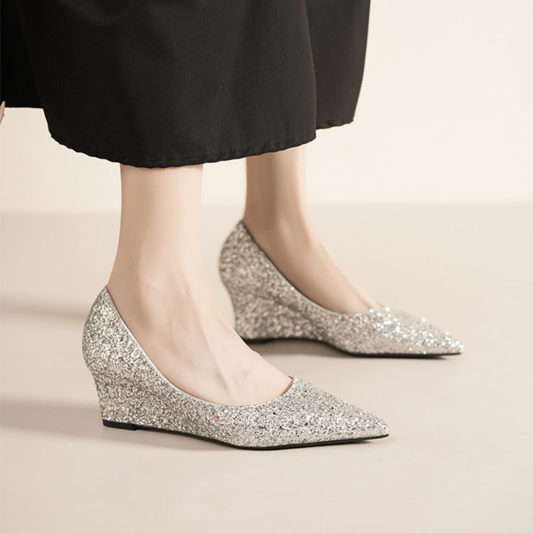 Shubh silver bridal wedge heels styled for wedding