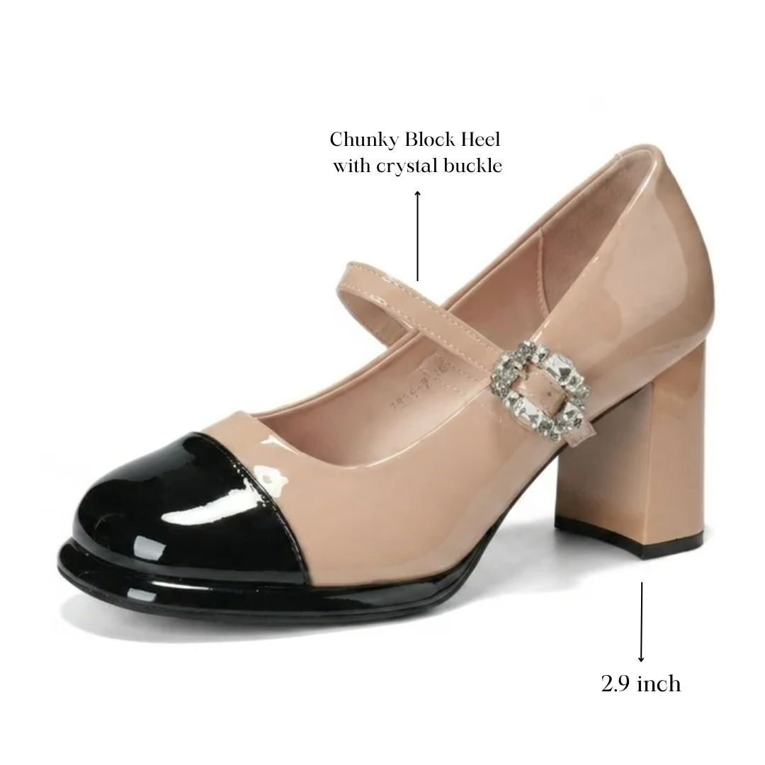 Twin Fit — Nude & Black Dual-Tone Round-Toe Block Office & Casual Heels | Ozzaro