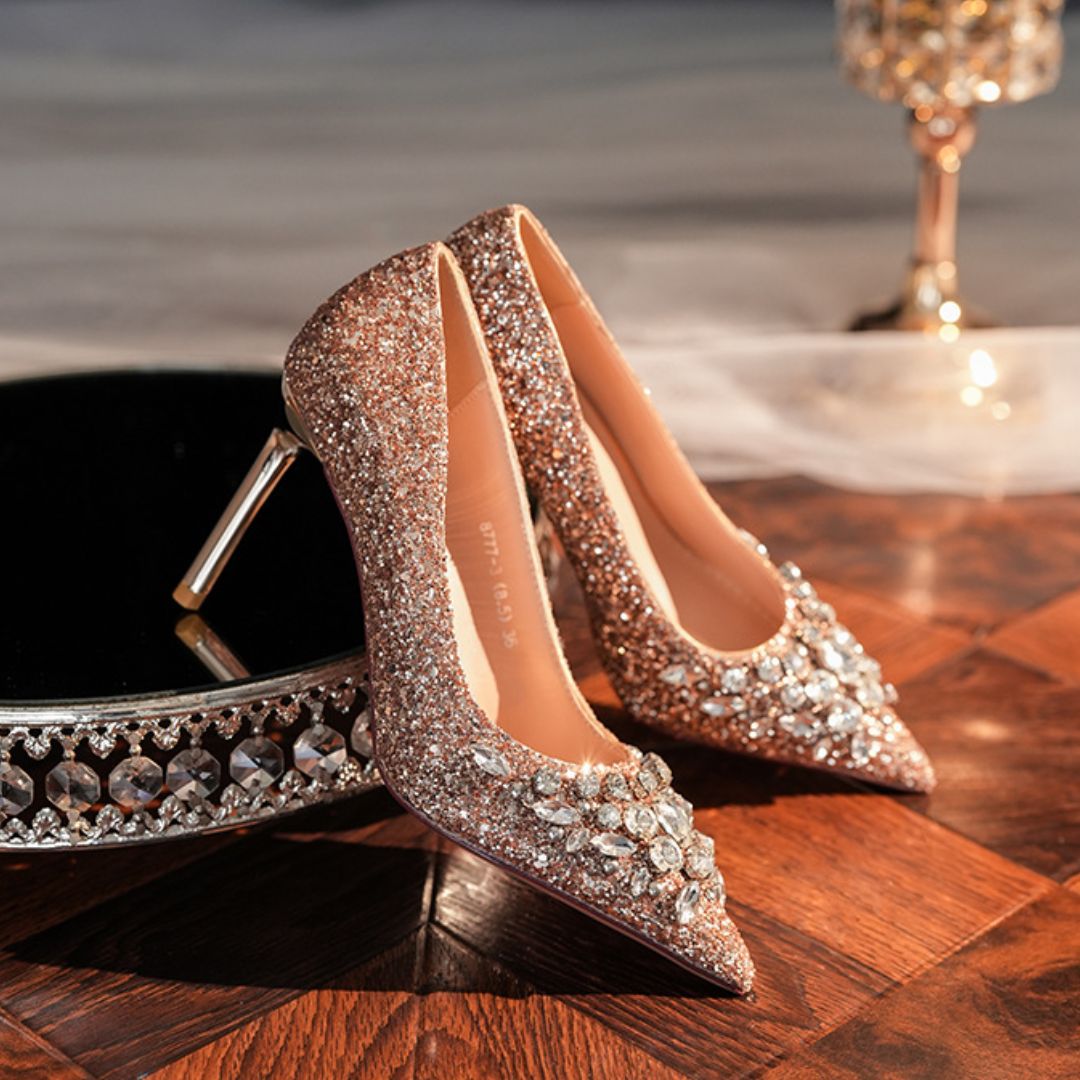 Maharani rose gold stiletto heel height and sole view