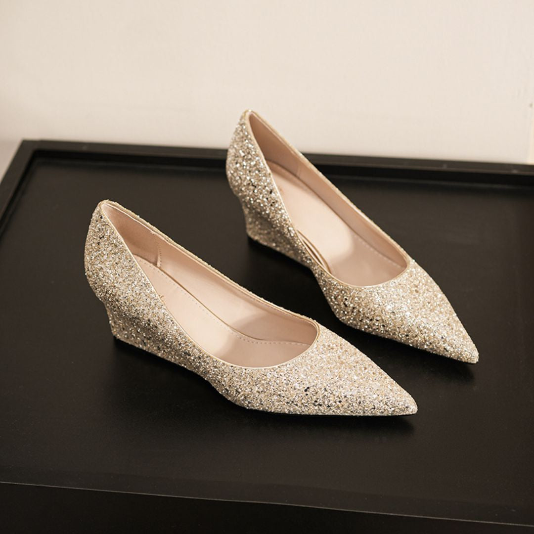 Shubh champagne shimmer bridal wedge heels - front view