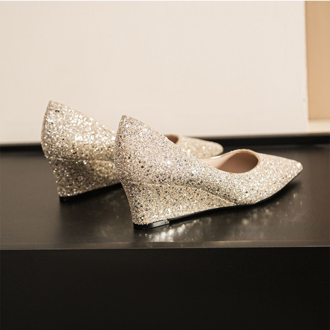 Shubh champagne wedge bridal heels - side profile