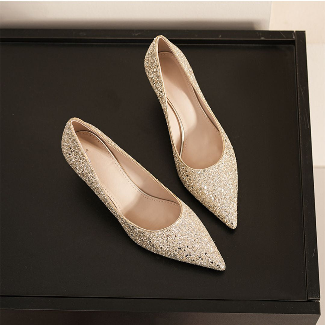 Shubh champagne heels pointed toe shimmer detail