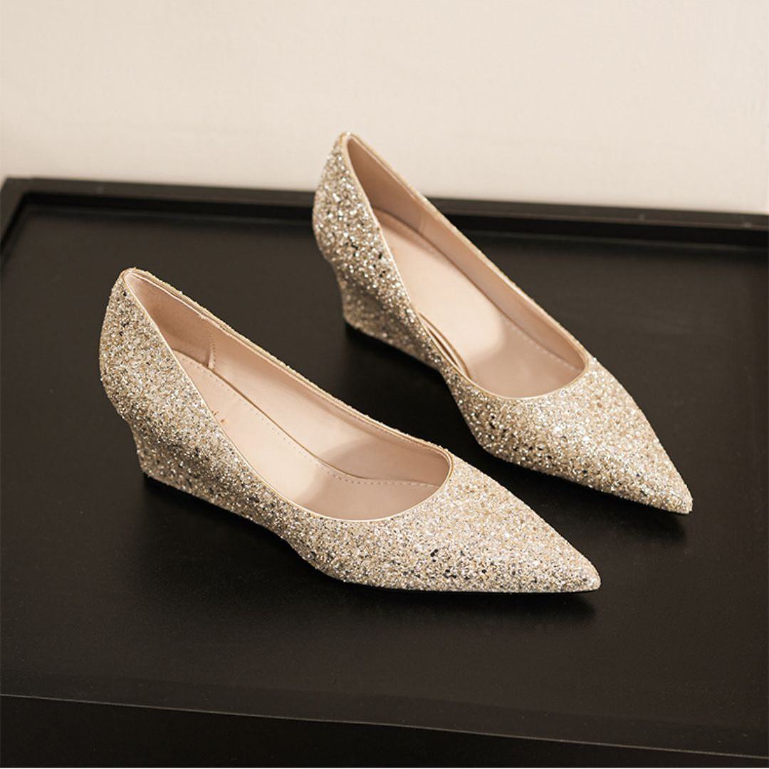 Shubh champagne wedge heel height and sole view