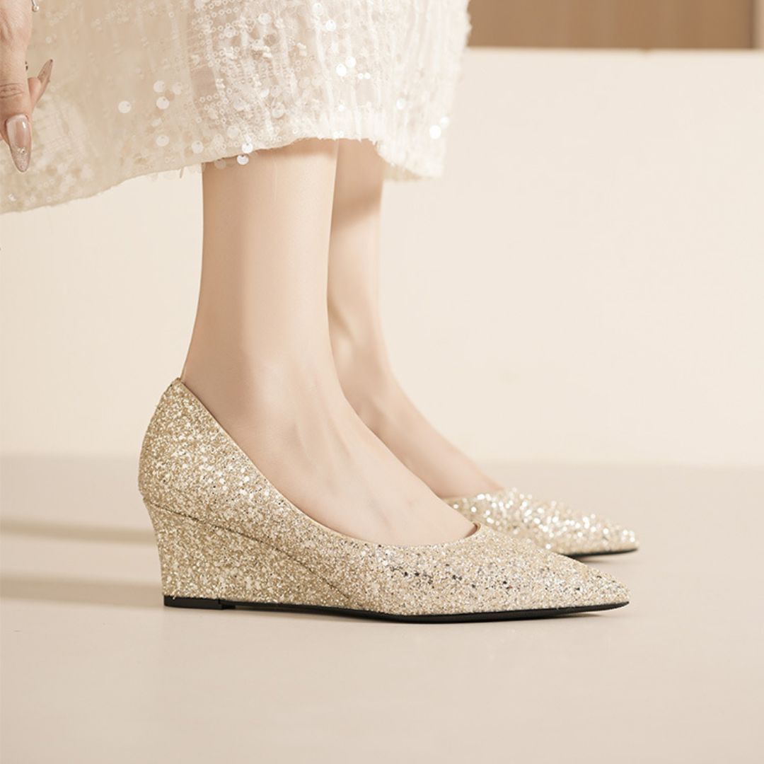 Shubh champagne bridal wedge heels styled for wedding