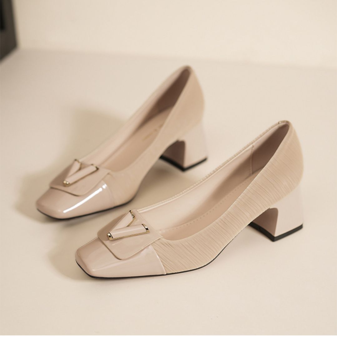 Pure Poise nude square-toe block heels with gold buckle - front view