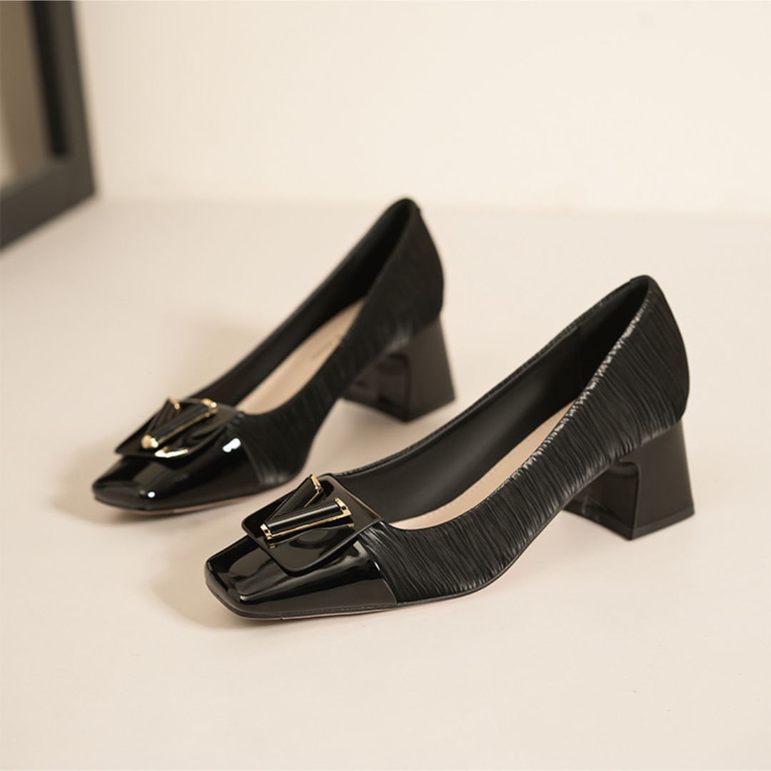 Pure Poise black square-toe block heels with gold buckle - front view