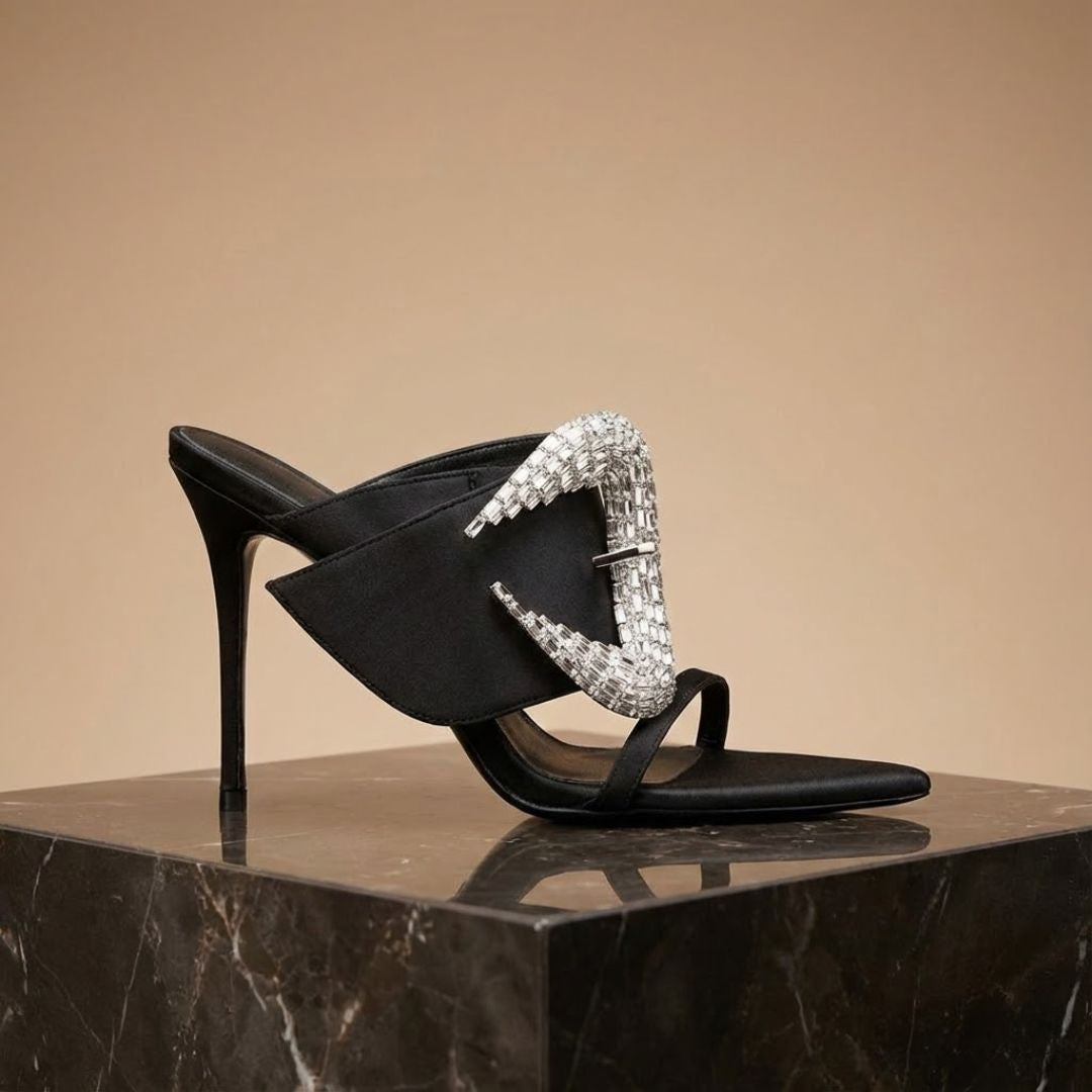 Black high-party heel with crystal buckle 