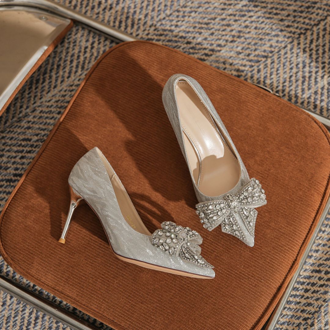 Shehzadi silver bridal stiletto heels - side profile