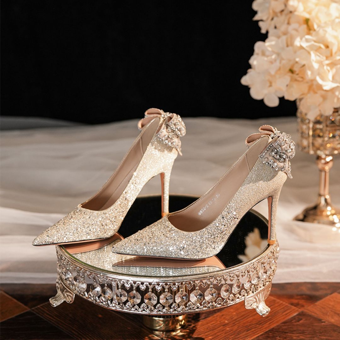 Rajkumari champagne glitter bridal stiletto heels - front view