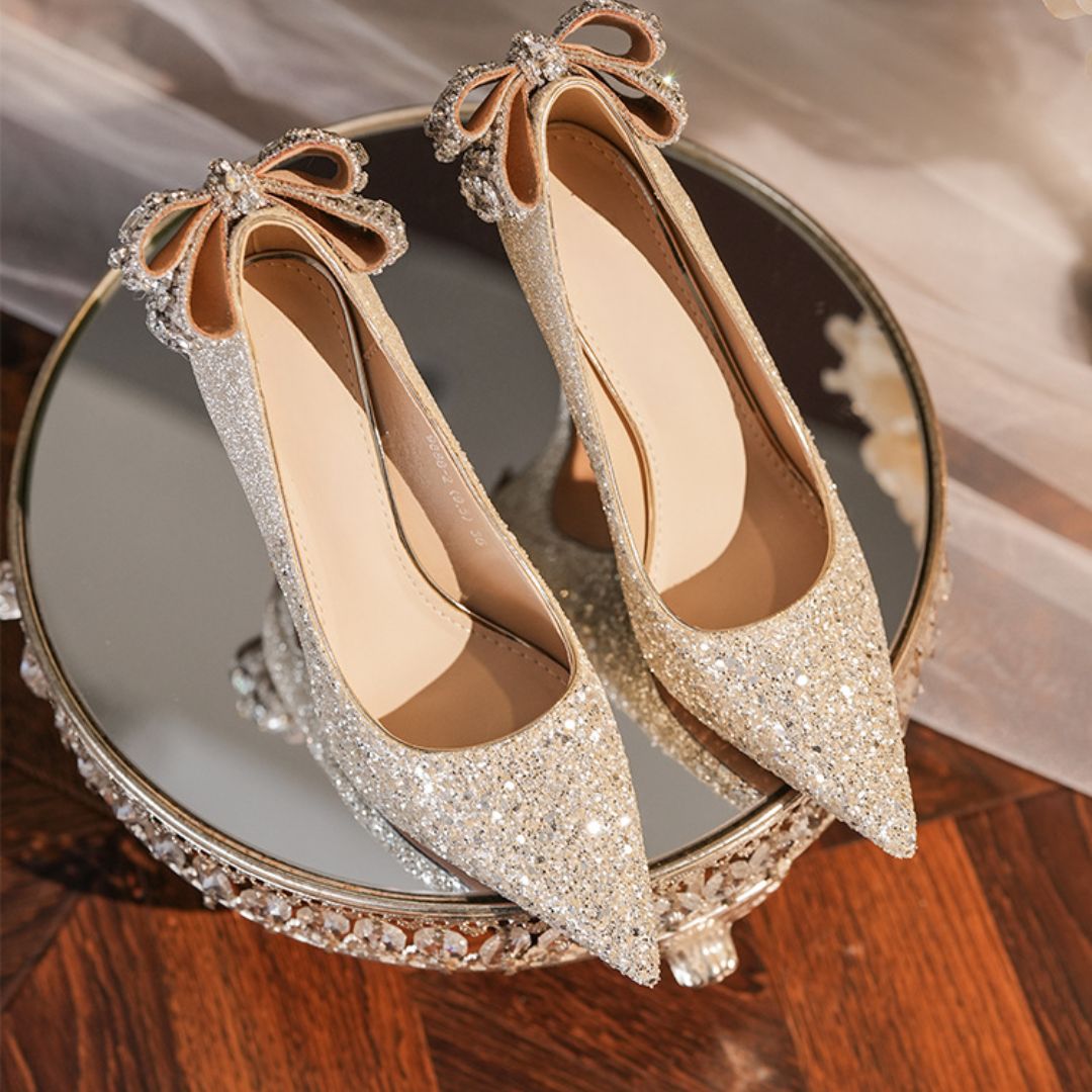 Rajkumari champagne heels rhinestone bow back detail