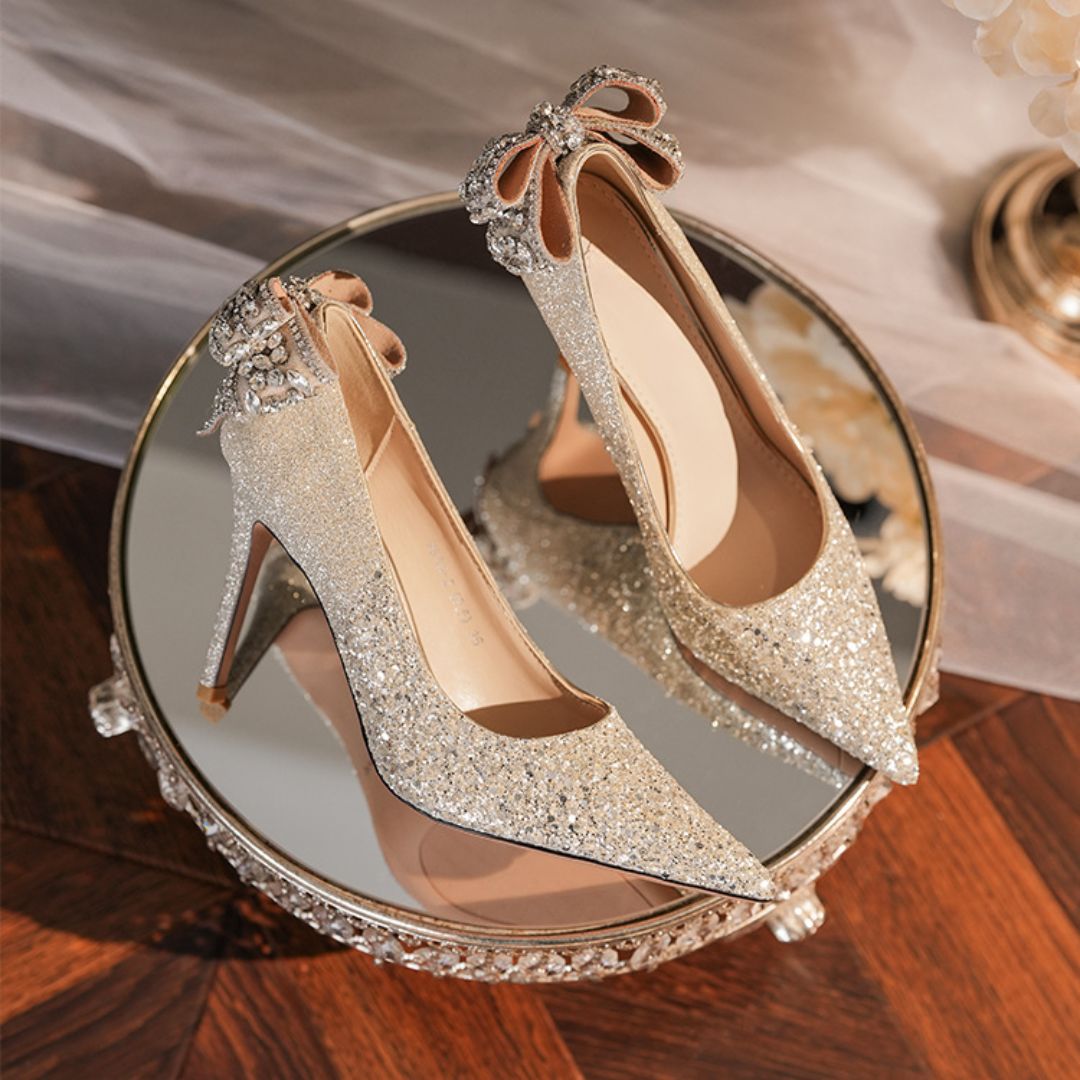 Rajkumari champagne stiletto heel height and sole view
