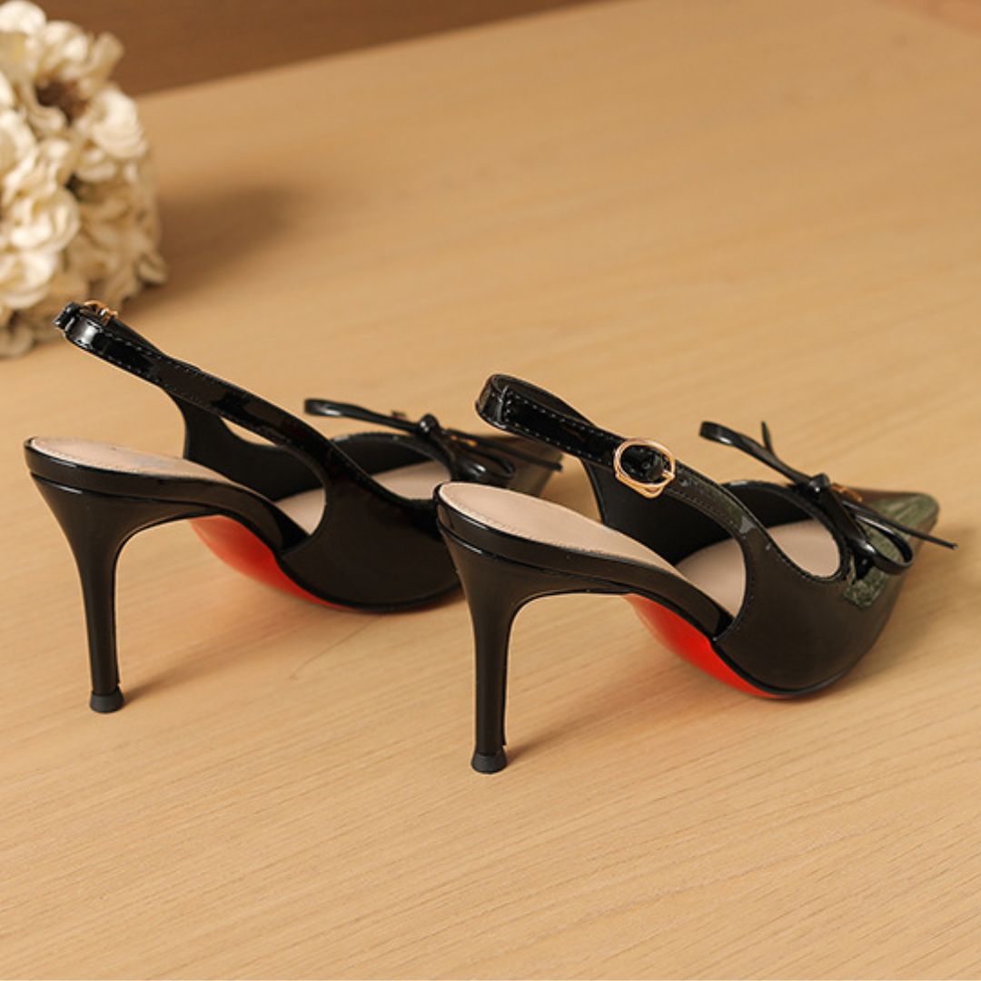 Glossed Edge black heels bow and ankle strap detail