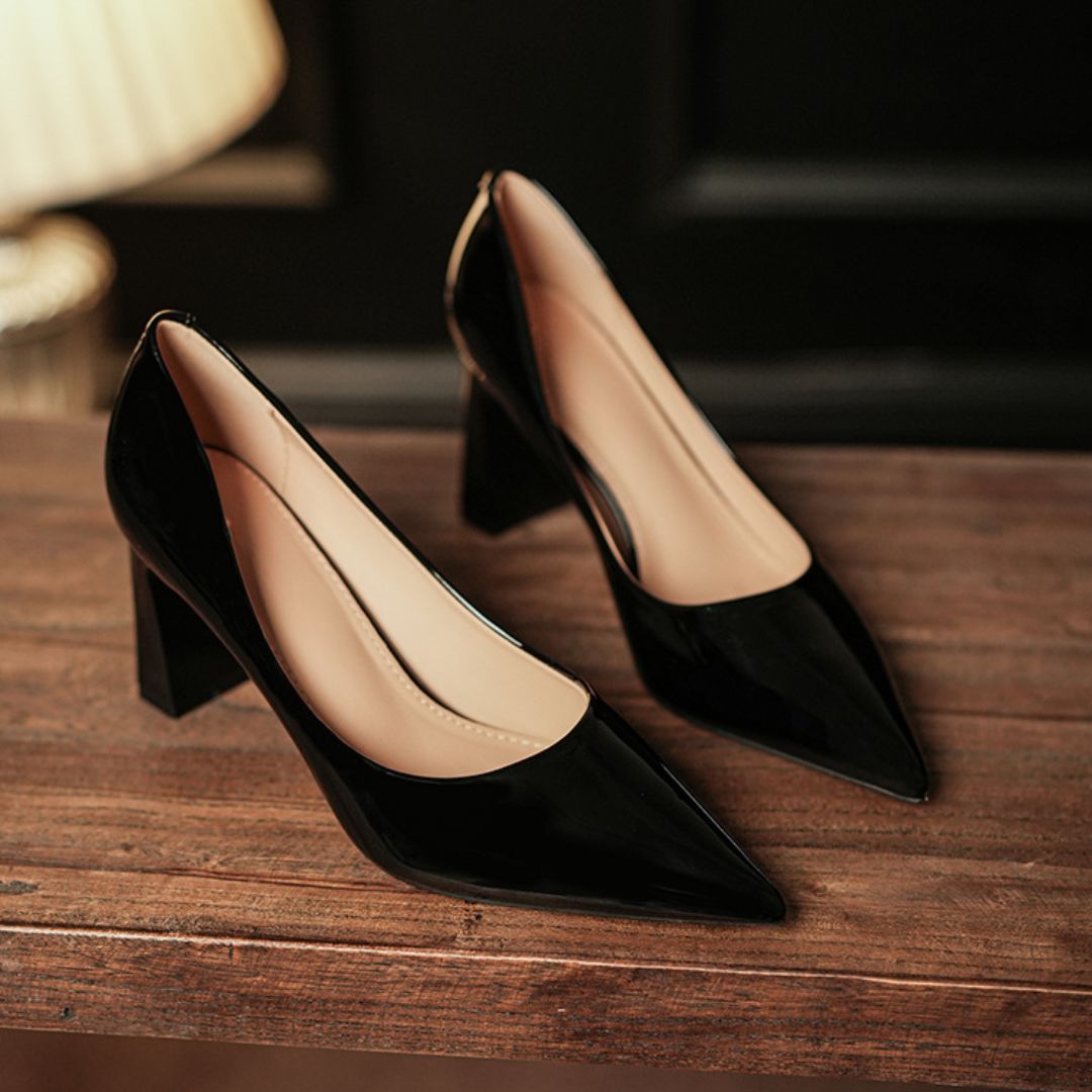 Madam black patent block heel pumps - side profile