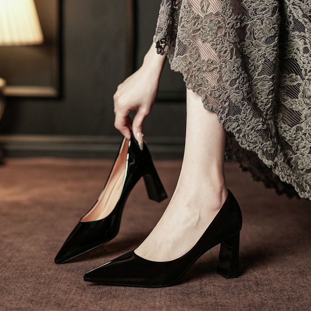 Madam black patent pointed-toe block heels for office wear - front view