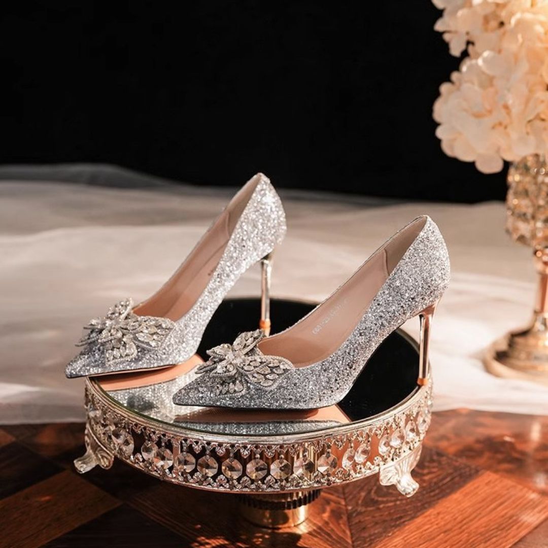 Malika silver glitter bridal stiletto heels with butterfly detail - front view