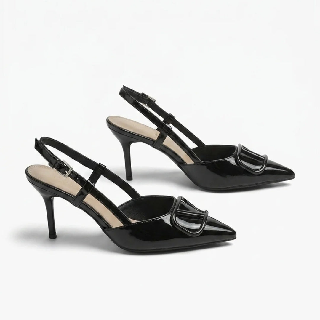 City Luxe black ankle strap heels with V embossed detail - front view