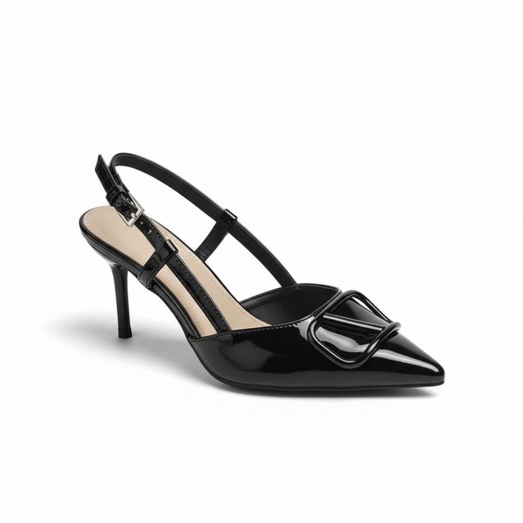 City Luxe black heels adjustable buckle ankle strap detail