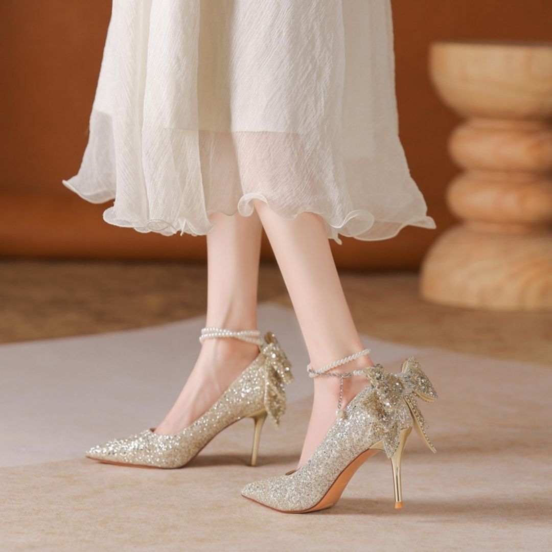 Gold Shimmer Bridal Heel With Back Bow