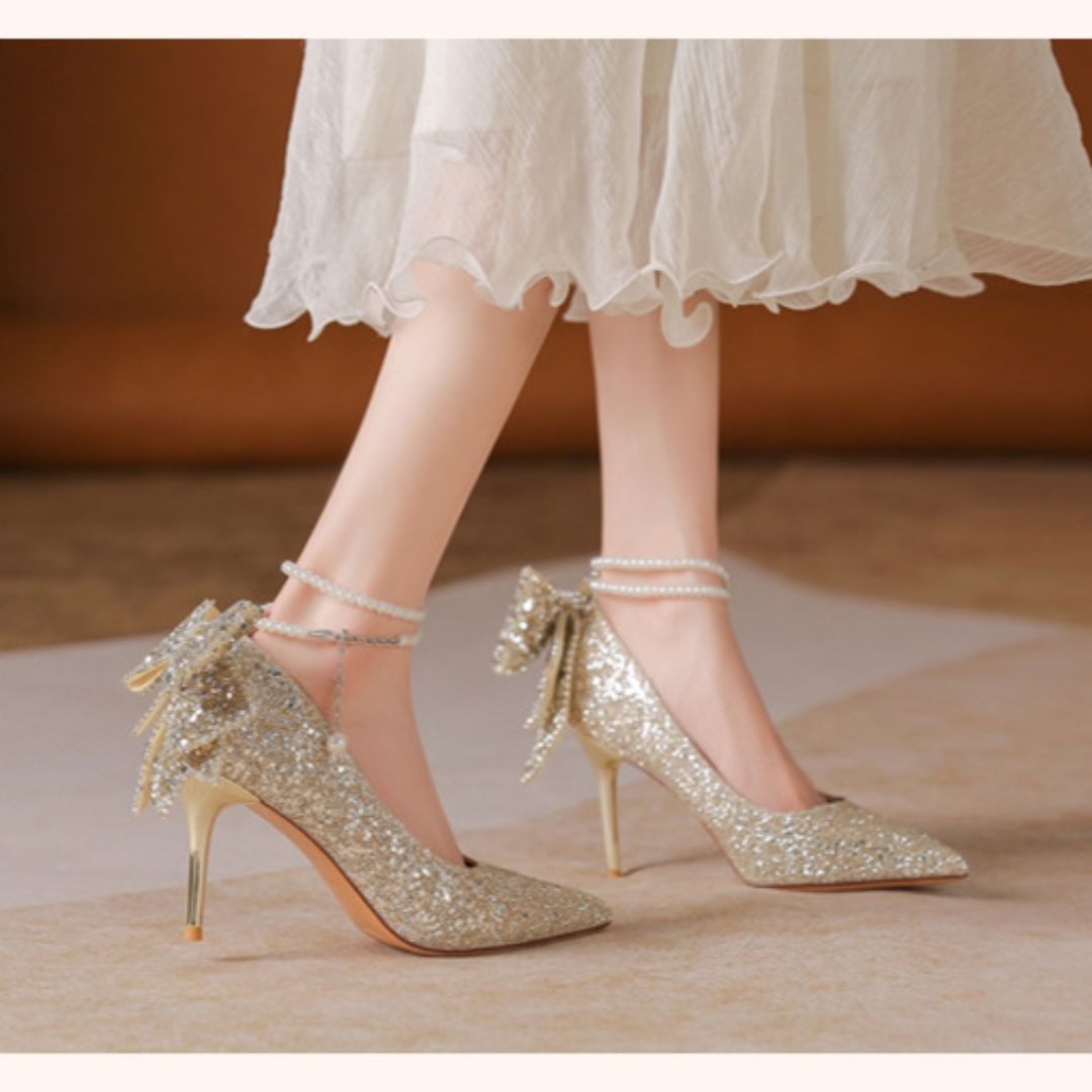 Gold Shimmer Bridal Heel With Back Bow