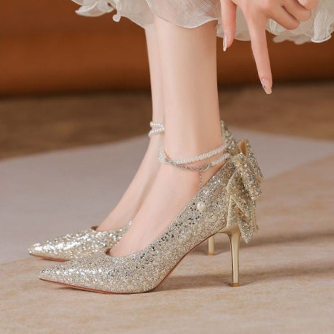 Gold Shimmer Bridal Heel With Back Bow
