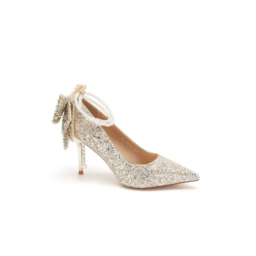 Gold Shimmer Bridal Heel With Back Bow