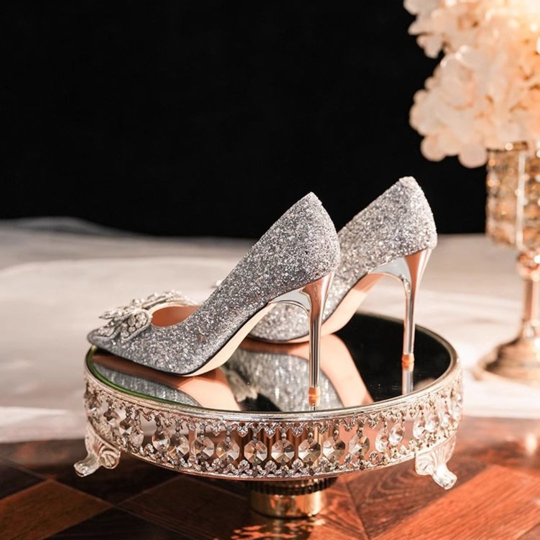 Malika silver bridal stiletto heels - side profile