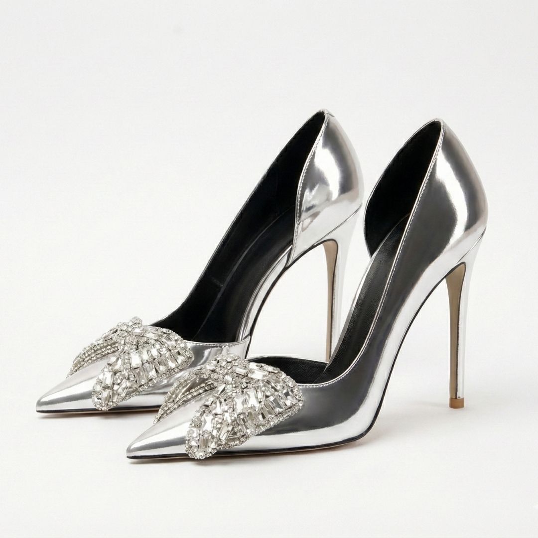 Silver high- Party heel with Rhinestone studded Bow 