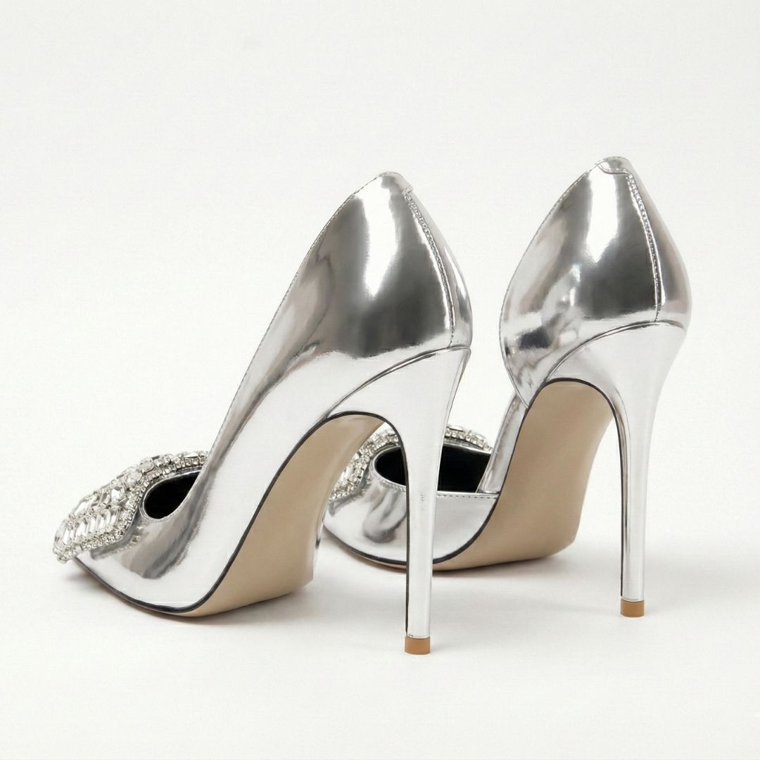 Silver high- Party heel with Rhinestone studded Bow 