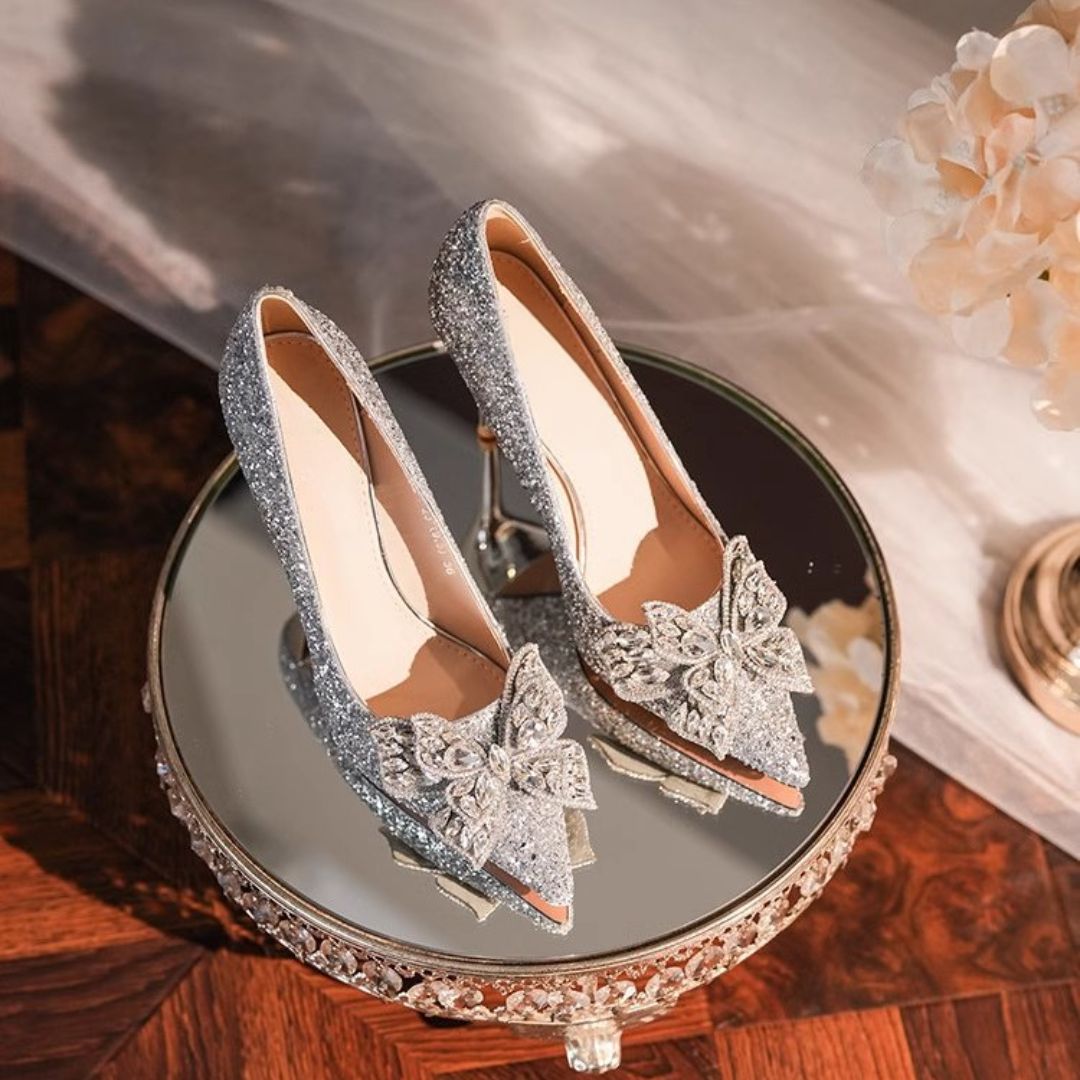 Malika silver heels rhinestone butterfly detail